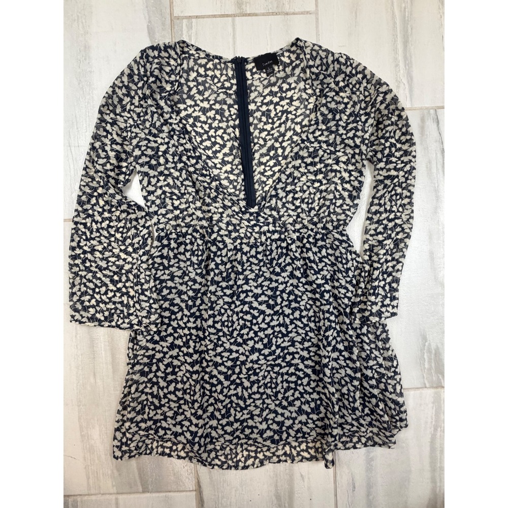 Lumiere Navy Blue Floral V-Neck‎ Mini Dress Long Sleeve AD00246 Womens Large